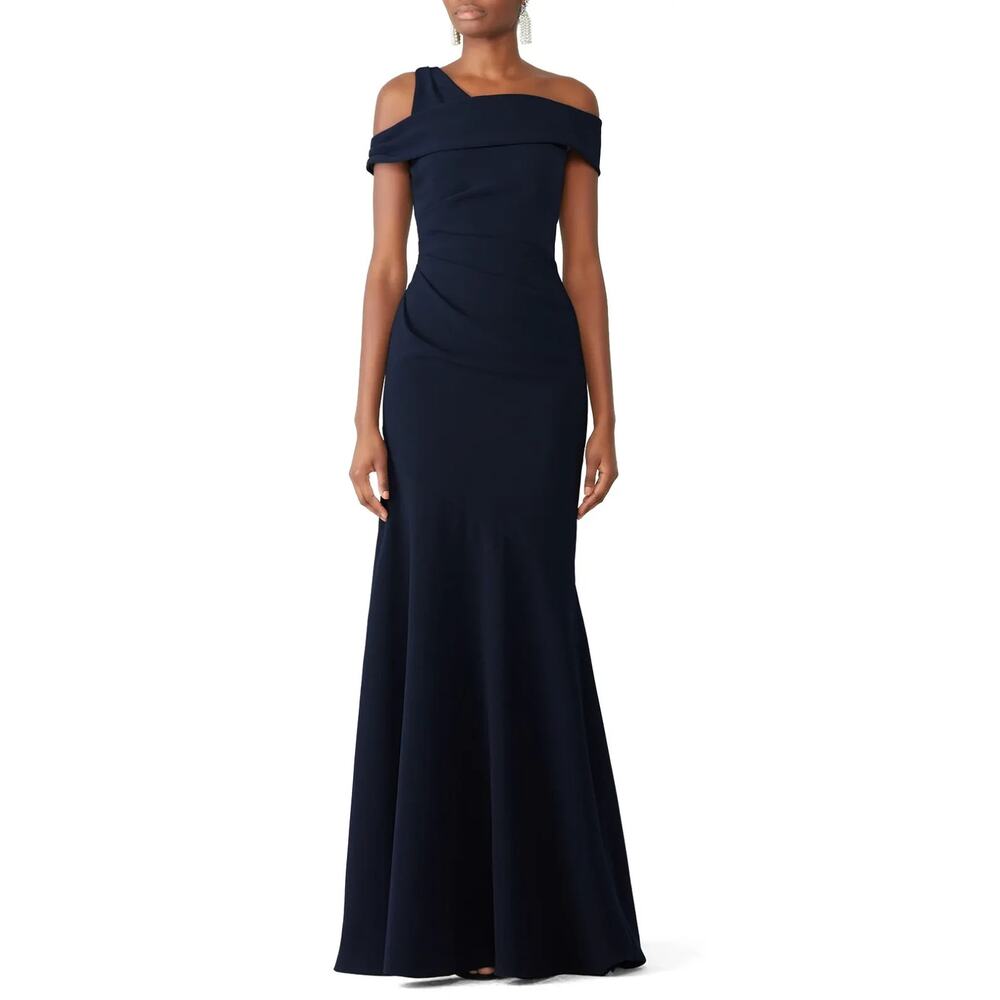 THEIA Navy Mermaid Gown Blue off-shoulder Formal Evening Dress Gown Sz 0 Rt $825
